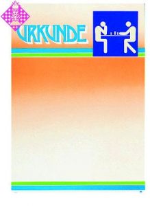 Urkunde, gelb/orange, Schrift/Motiv blau